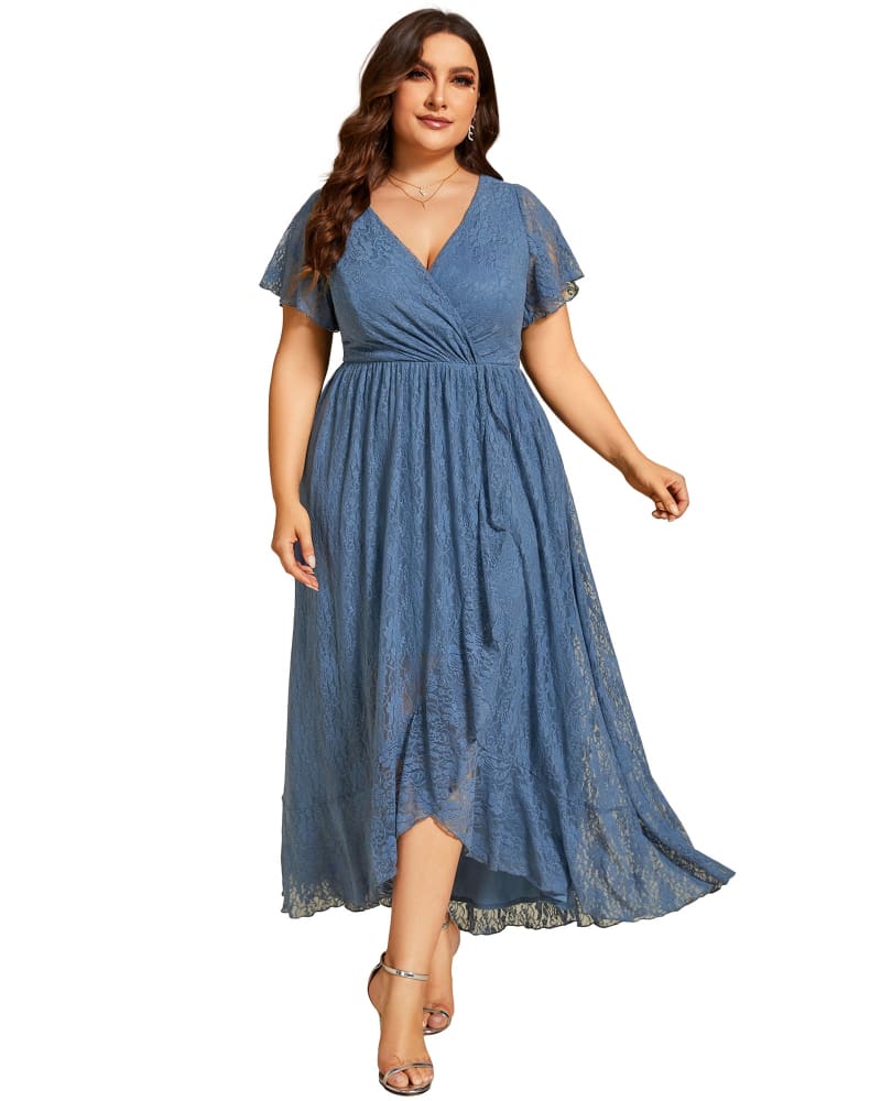 Front of a model wearing a size 22 Short Sleeve Ruffled V-Neck A-Line Lace Evening Dress in Dusty Navy by Ever-Pretty. | dia_product_style_image_id:304566